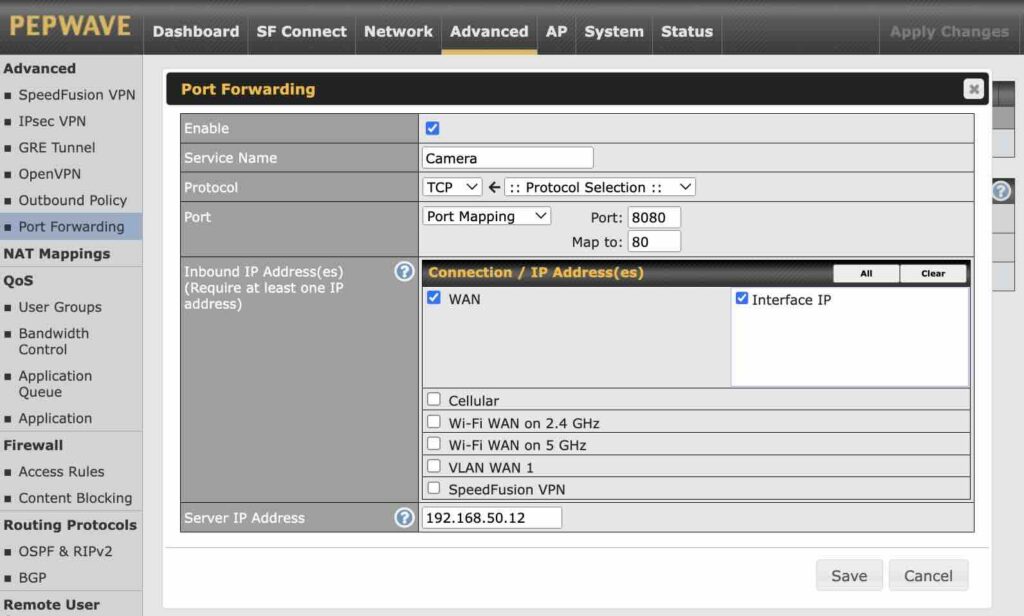 Peplink port fwd example